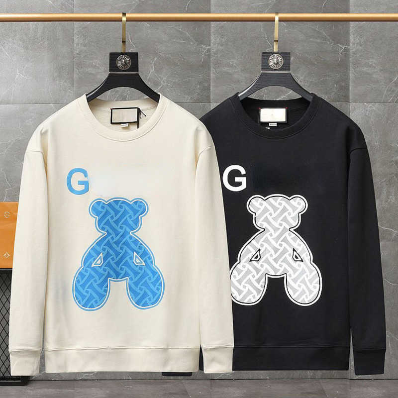 

Designer men's sweater 22 early autumn new bear print sweaters men's and women's cotton towel cloth pullover round neck T-shirt, Creamy-white