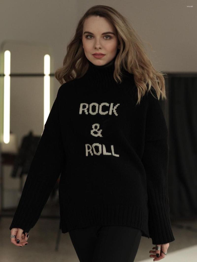 

Women' Sweaters ZESSAM ROCK & ROLL Letter Cashmere Woman Sweater Long Sleeve Turtieneck Loose Female Pullover Classic Retro Lady Top 2023, Color 1