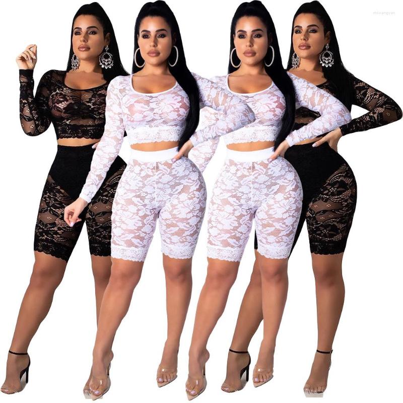 

Women' Tracksuits Lady' Sexy Lace See-through Suit Round Neck Long Sleeve Perspective Midriff-baring Tops Solid Color Slim Elastic, Black
