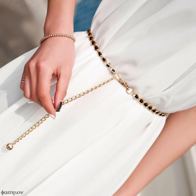 

Belts Fashion Elegant Ladies Metal Adjustable Thin Waist Chain Women Strap Dress Belt Pearl Decorative Clothess AccessoriesBelts, Black