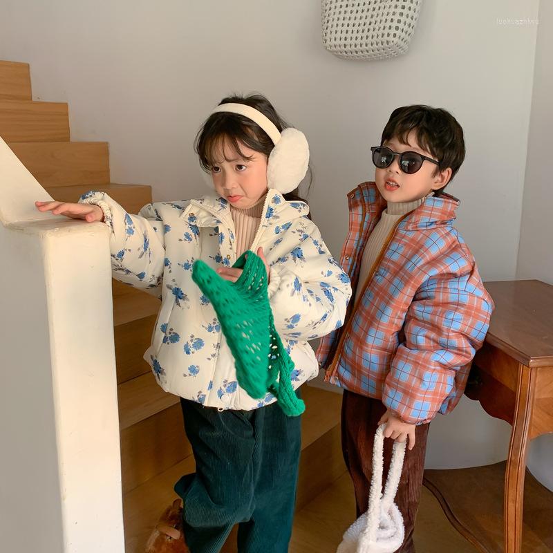 

Jackets 3933E Children Coat Cotton-padded Jacket 2022 Winter Korean Plaid Zipper Boy's Casual Flower Girl's Bread Outerwear, Blue flowers