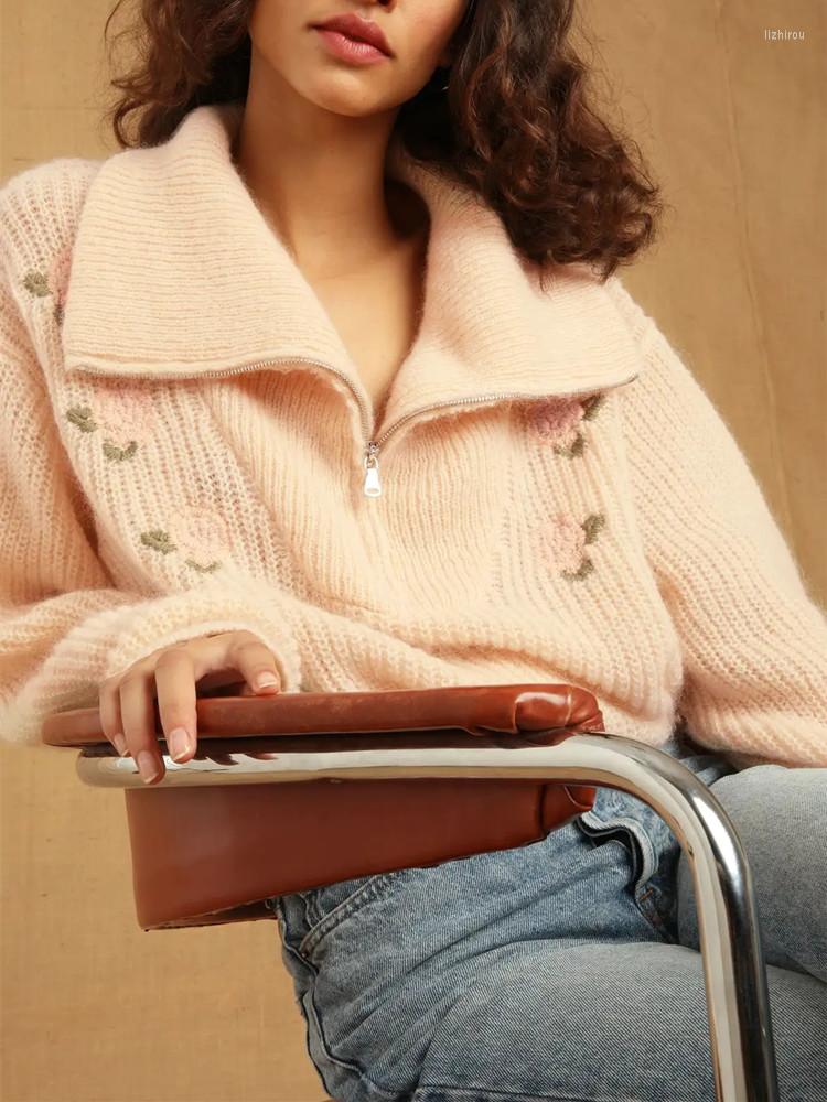 

Women' Sweaters Women Floral Embroidery Sweater Wool Mohair Blends Long Sleeve Half Zipper Female Turn-down Collar Jumper Top 2022 Autumn