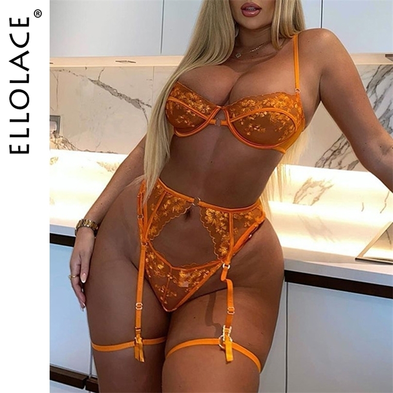 

Sexy Set Ellolace Lace Embroidery Lingerie Sexy Transparent Underwear Erotic 3Piece Orange Mesh Bra Short Skin Care Kits Bilizna Set 221010, Red