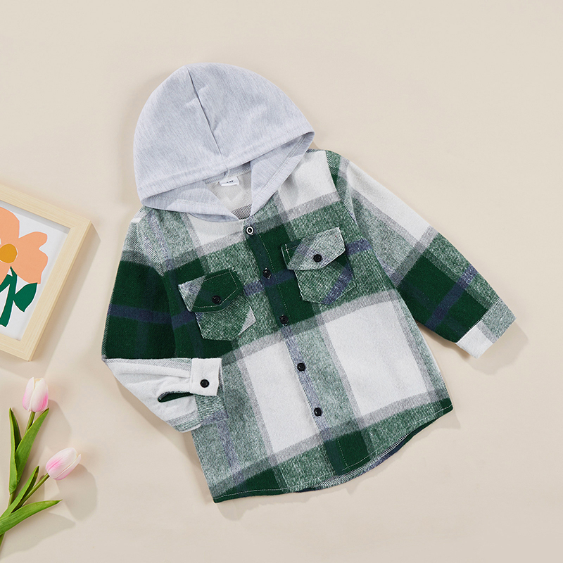 

Jackets Autumn Boys and Girls Hooded Long Sleeved Cardigan Breasted Chest Pocket Loose Check Shirt Coat Jacket 18M 6T 221010, Blue