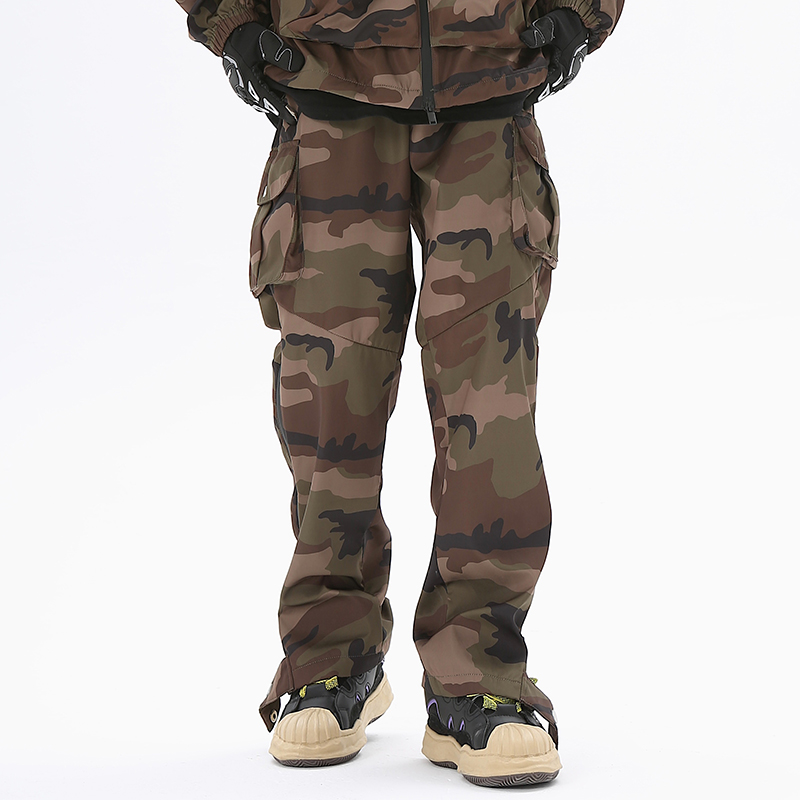 

Camouflage Cargo Pants Hip Hop Ankle Zipper Pockets Drawstring Men's Straight Patchwork Loose Casual Waterproof Trousers Unisex