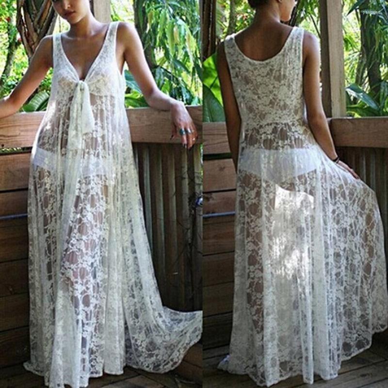 

Women's Swimwear 2022 Bikini Cover-ups Sexy See Through Summer Dress White Lace Tunic Women V-neck Sleeveless Beach Wear Swim Suit Cover Up, Picture shown