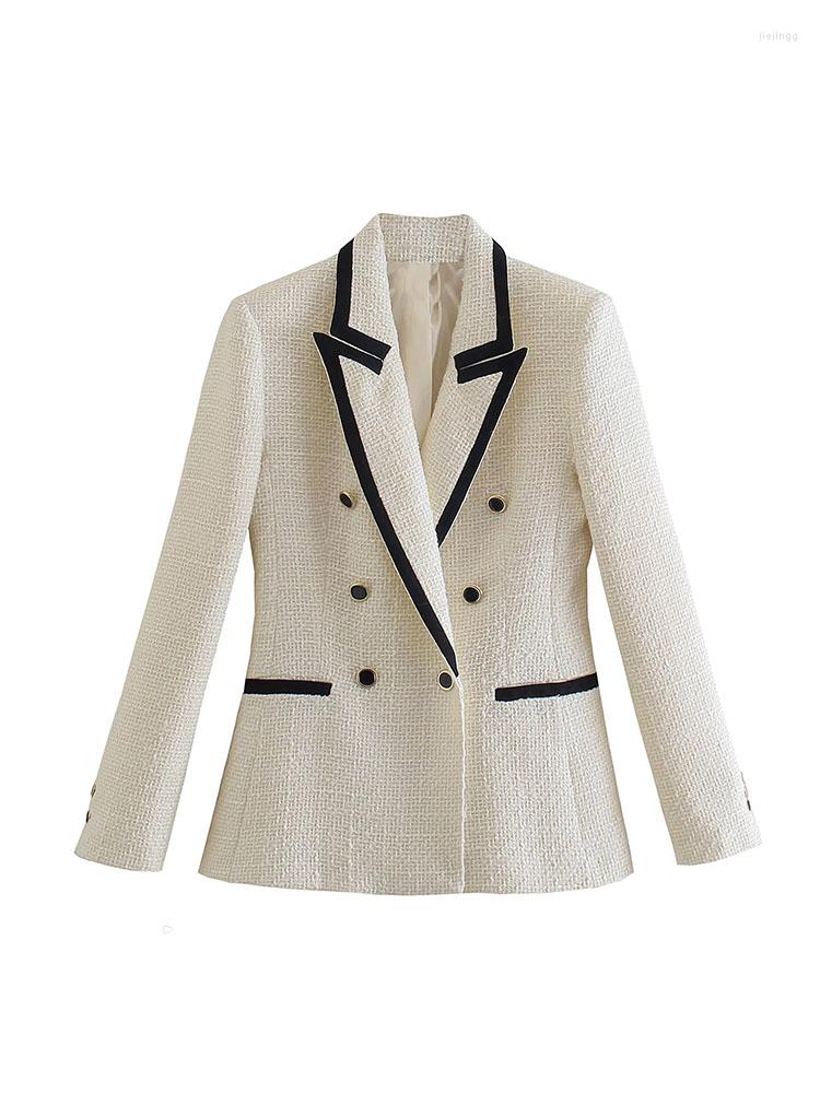

Women's Suits Women 2022 Fashion Contrast-trimmed Textured Blazer Coat Vintage Long Sleeve Pockets Female Outerwear Chic, White