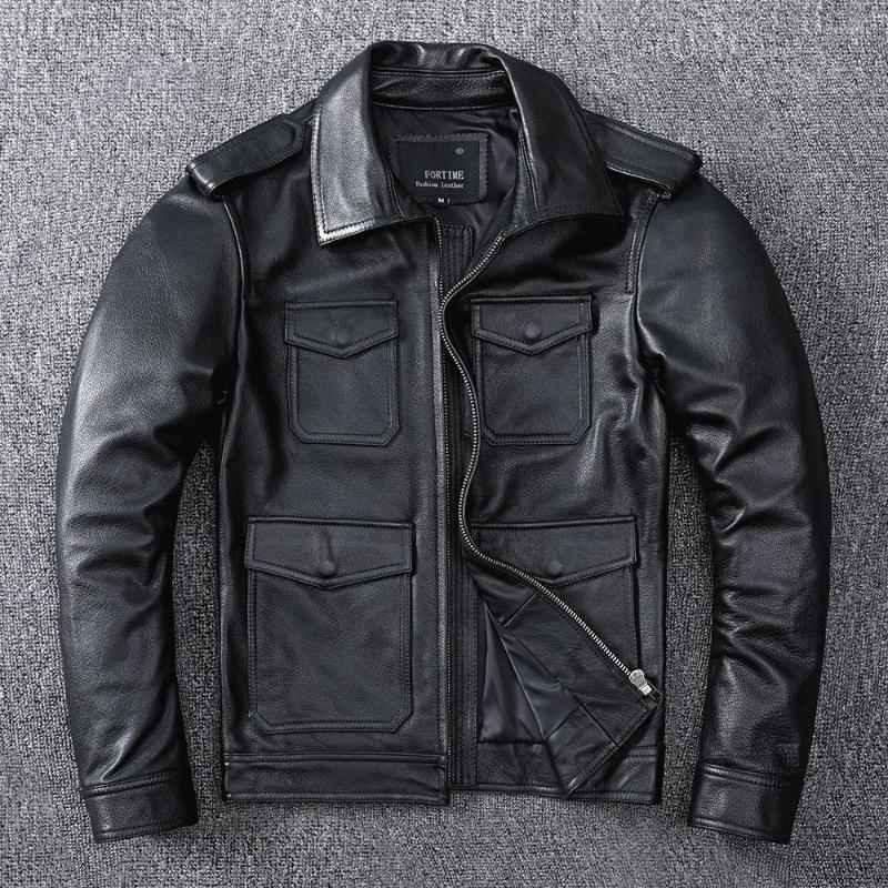 

Men' Jackets Black Hunting Leather Jacket For Men Turn Down Collar Cow Skin Multiple