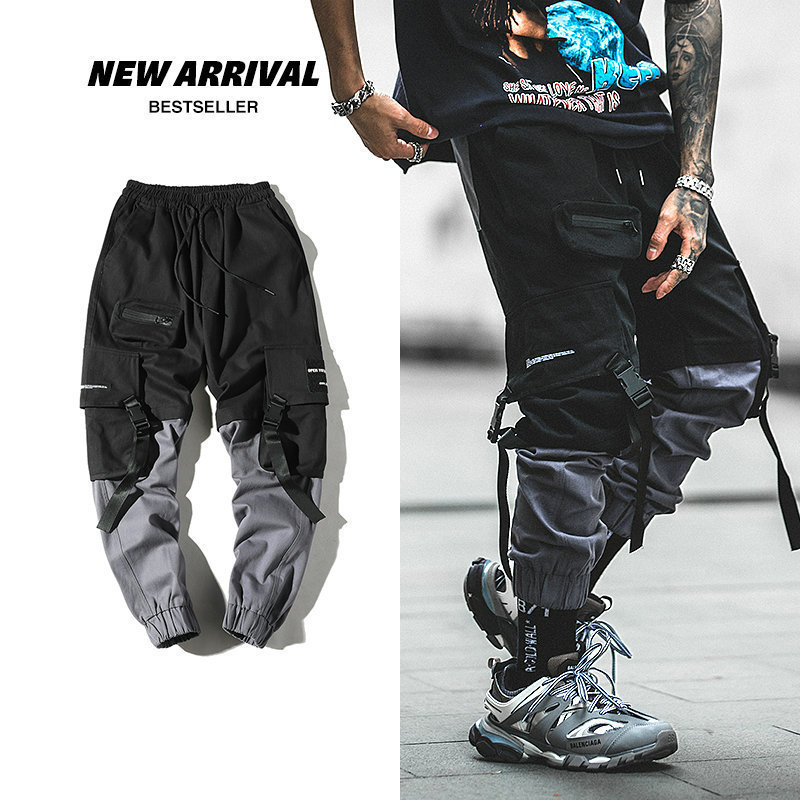 

Men's Pants Streetwear Harem Joggers Men Ribbons Pockets Casual Mens Cargo Pants Hip Hop Cotton Casual Anklelength Men Trousers 221010, Black