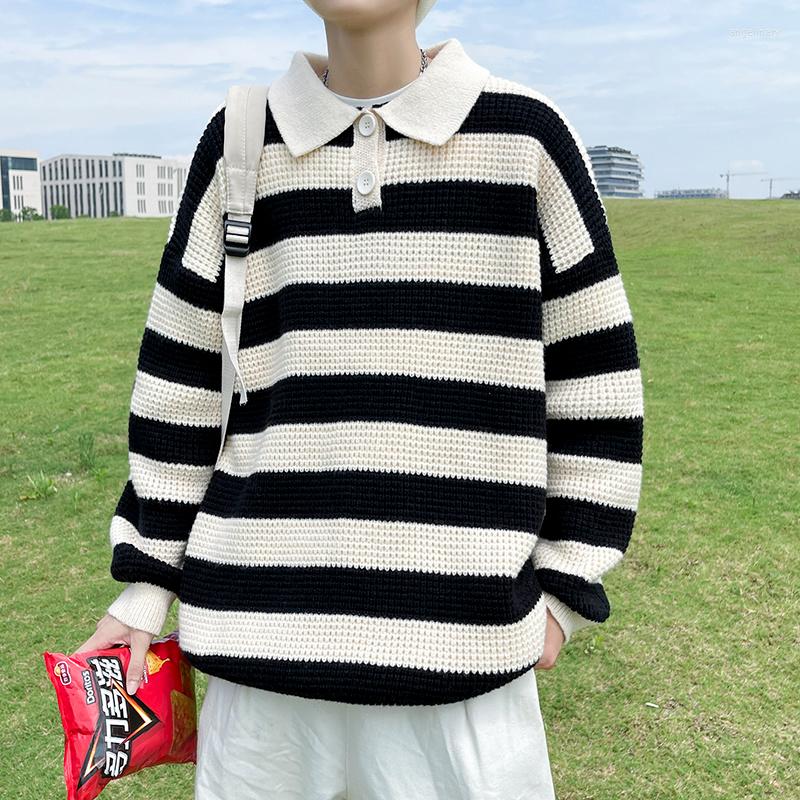 

Men's Sweaters Turn-down Collar Sweatshirt Long Sleeve Mixed Striped Casual Size Plus Oversized Sweater Thick Hong Kong Style Pullovers, Black