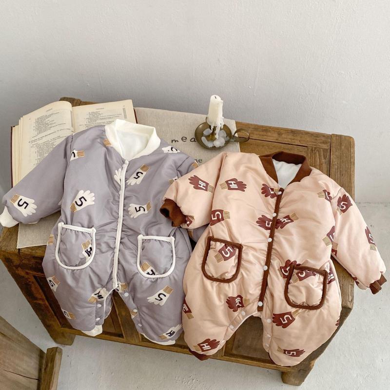 

Jackets 3919F Born Clothes Baby Jumpsuit 2022 Winter Plus Velvet Gloves Printed Boy's One Piece Warm Cotton Climbing, Khaki