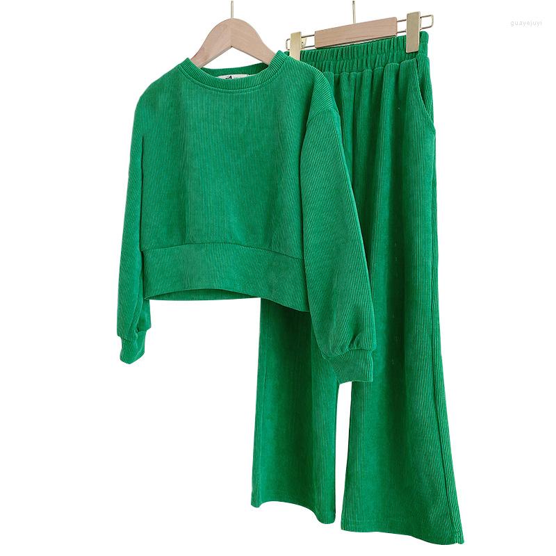 

Clothing Sets 2022 Girls Fashion Suit Autumn Kids Leisure Sweatshirt And Loose Wide-Leg Trousers Two-Piece Set #7117, Green