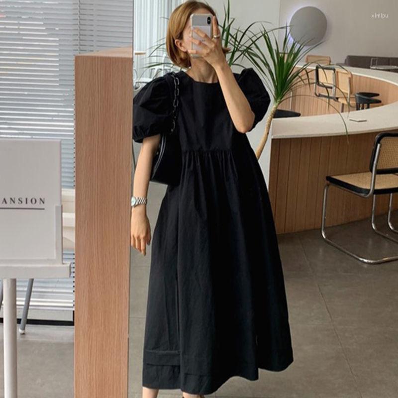 

Casual Dresses Korean Chic Simple Solid Niche Pleated Maxi Dress Vintage Gothic Japan Style Young Fashion Girl Loose 2022 Summer, Black