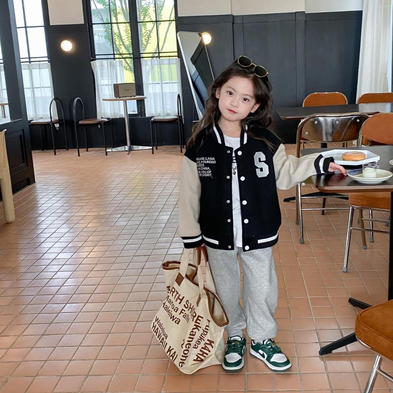

Jackets 3853E Children Coat 2022 Autumn Winter Korean Alphabet Embroidery Girl's Stitching Jacket Baseball Uniform Woolen Casual, Black coat