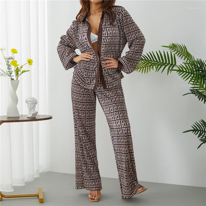 

Women' Two Piece Pants Women' Prints Set Lapel Collar Button-Down Long Sleeve Printed Blouse Floor-Length Wide Leg Outfits Y2K Fall