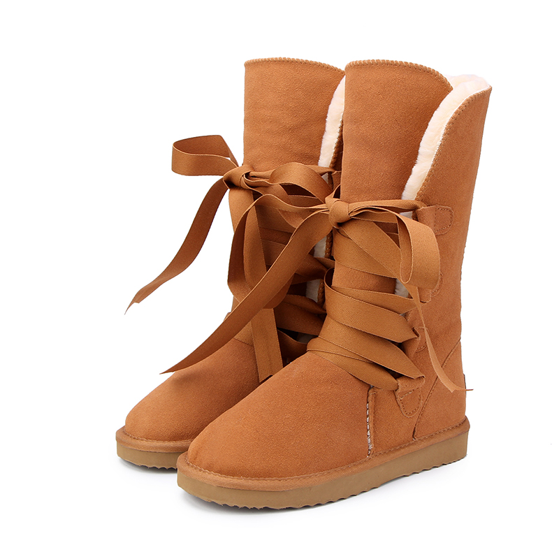 MUJER UGS BOTAS Australia Classic High Snow boots Women Genuine Cowhide Leather Lace up Long Fur Warm Winter Boots