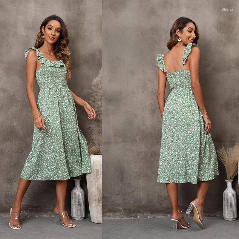 

Casual Dresses Summer Printed U-neck Suspender Midi Dress, Green