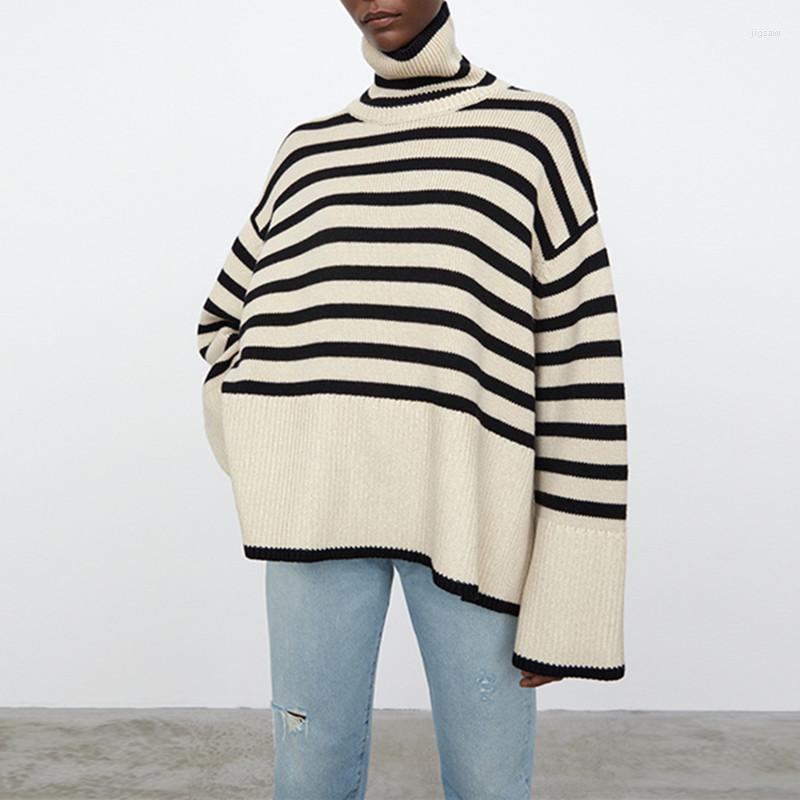 

Women's Sweaters Women Irregular Striped Slit Knitted Sweater Autumn Winter 2022 Simple Loose Turtleneck Ladies Long Sleeve Knitwear Jumper, Black
