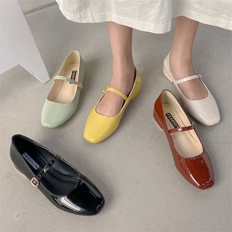 

Dress Shoes Spring Autumn Women Mary Janes Patent Leather Low Heels Square Toe Shallow Buckle Strap Girls 8828N 221010, Lawngreen