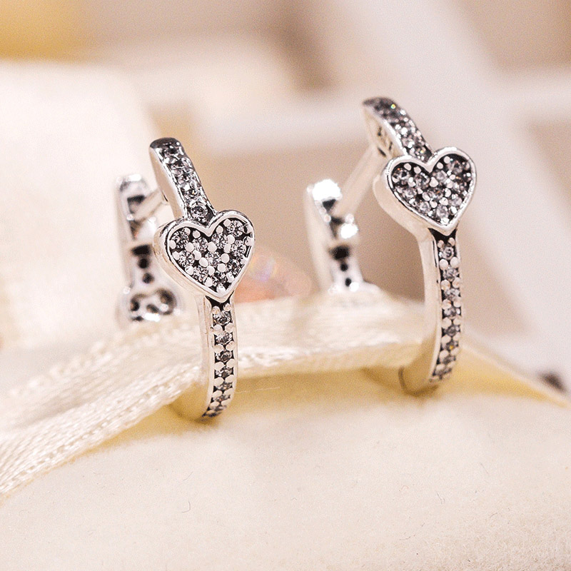 

925 Sterling Silver Pave Heart Hoop Earrings Wedding Jewelry For Women Girls with Original Box for Pandora Rose Gold Engagement Gifts Earring