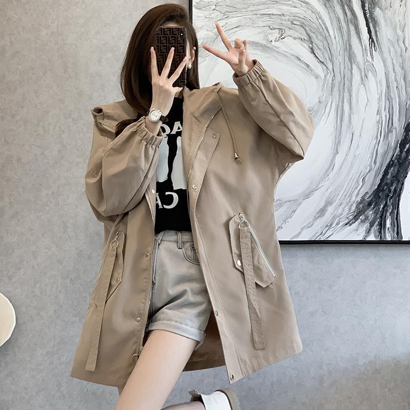 

Women' Trench Coats Spring Autumn Women Fashion Medium Long Windbreaker Temperament Casual Hood Versatile Solid Loose Coat Femme Korean
