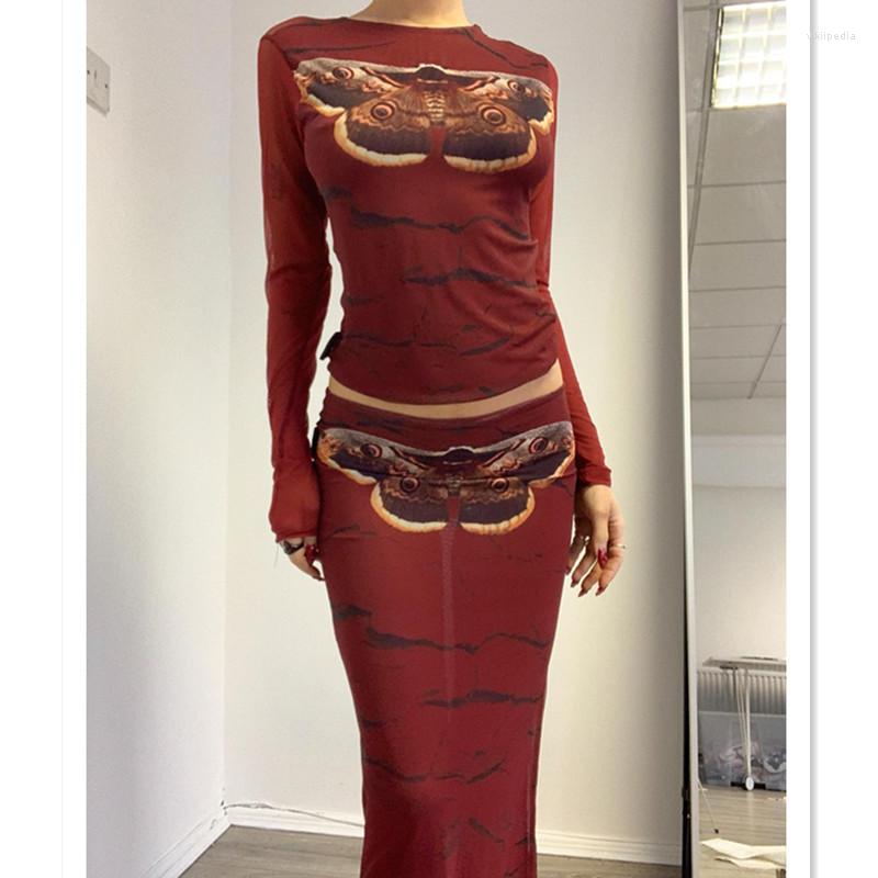 

Work Dresses Musuos Women Skirt Suit Retro Printed Patterns Crew Neck Long Sleeve Tops Wrapped Skirts Sexy Summer Autumn Outfits  M L, Red