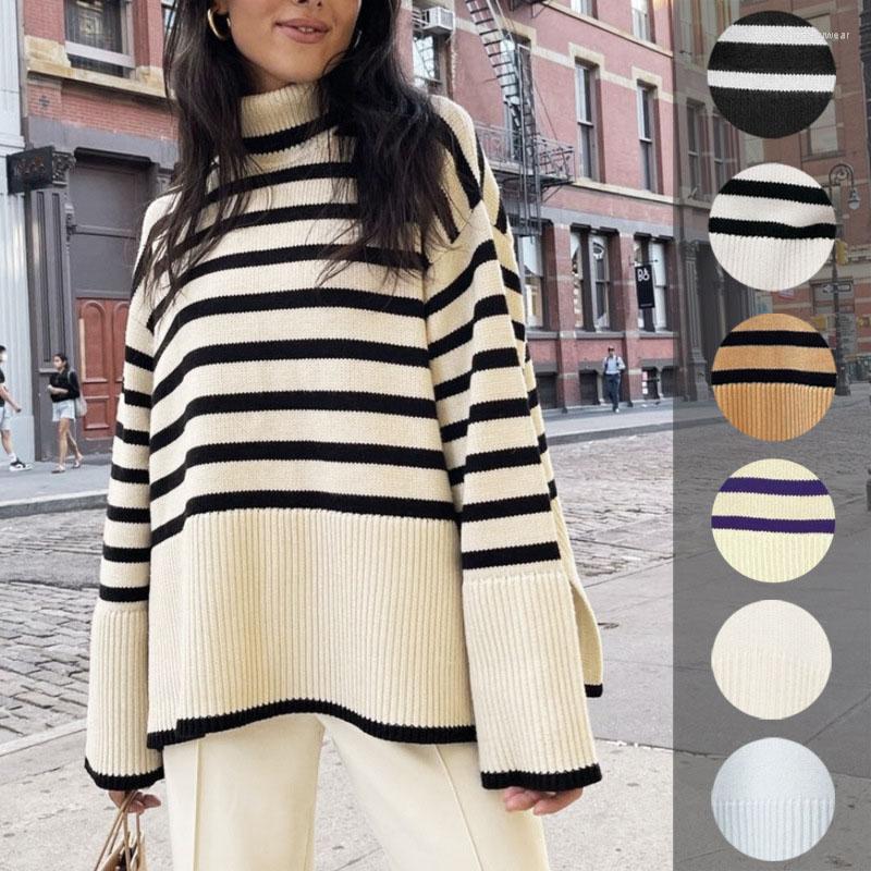 

Autumn Winter Pure Cotton Sweater Oversize Knitted Pullover Women Turtleneck Long Sleeve Striped Loose Casual, Beige