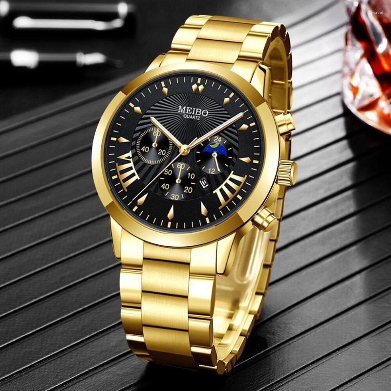 

Wristwatches 2022 Men Watches Gold Stainless Steel Quartz Watch Waterproof Sport Chronograph Relogio Masculino, Silver