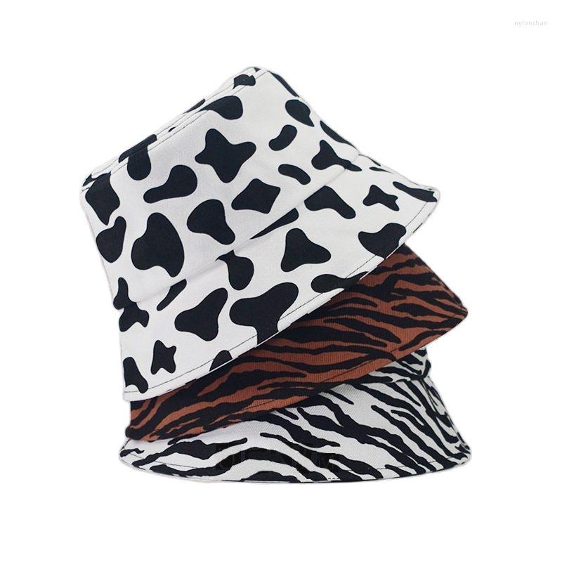 

Ball Caps Retro Print Fisherman Hat Women Korean Cow Zebra Striped Bucket