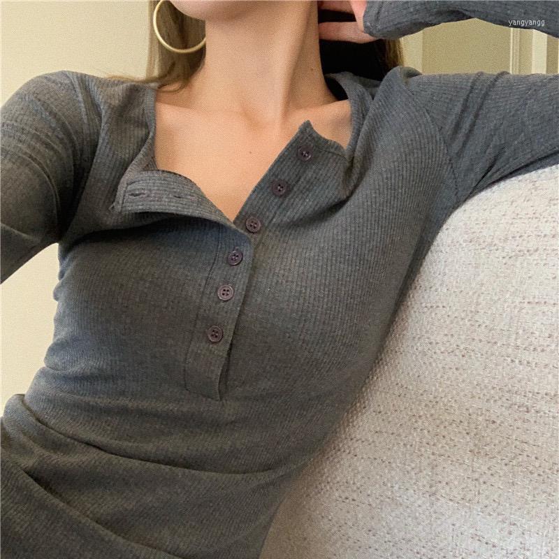 

Women's T Shirts Plus Size Women Long Sleeve T-Shirt Cotton Shirt Button Tight V-Neck Bottoming Female, Black