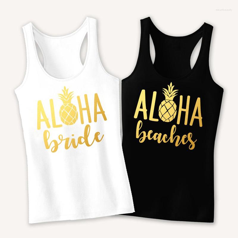 

Women' Tanks Vest Aloha Bride Beaches Pineapple Golden Print Tank Tops Retro Women' Racerback Bachelorette Party Bridesmaid Gift Shirt, Aloha bride-white