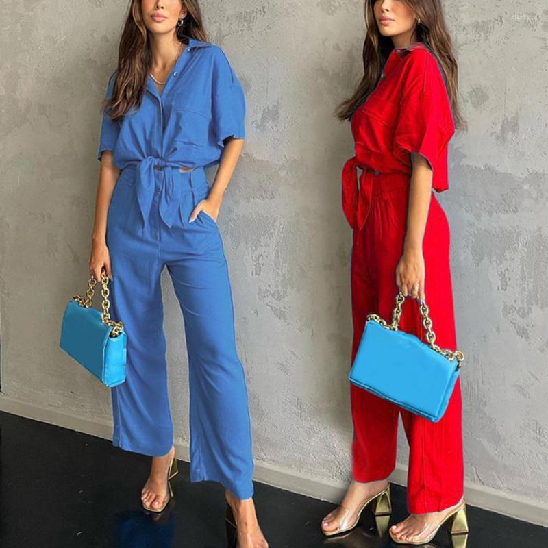 

Women' Two Piece Pants 2Pcs Top Trousers Elastic Waist Single-breasted Short Sleeve Cardigan High Cotton Blend Women Summer Outfit Clothing, Blue