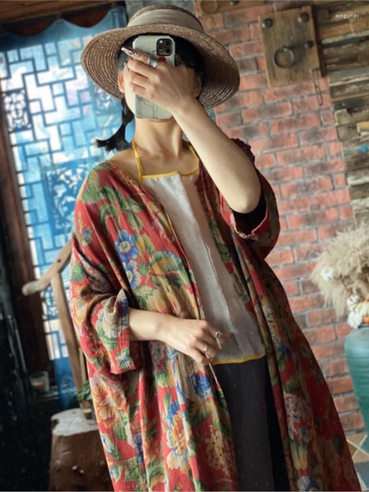 

Women's Trench Coats Women Loose Cotton Printed Coat Outerwear Female Vintage Print Topcoat 2022 Spring Autumn, Yanqing