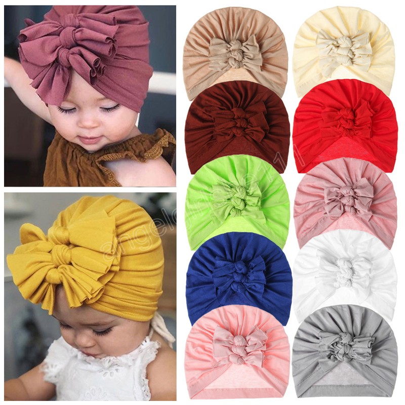 

18x18 CM Solid Color Baby Girls Turban Hats Fashion Handmade Bowknot Infant Beanie Caps Newborn Headwear Birthday Gifts, Mixed color