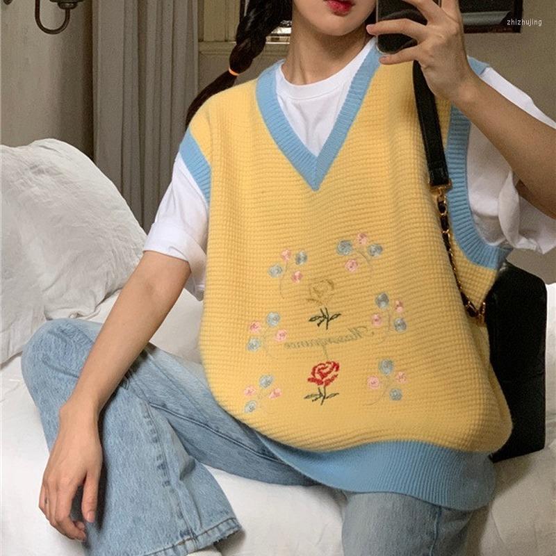 

Women' Vests Korean Vintage Women Sweater Vest Sweet Floral Embroidery V-neck Loose Waistcoat 2022 Autumn All-match Casual Knitted Gilet, Blue