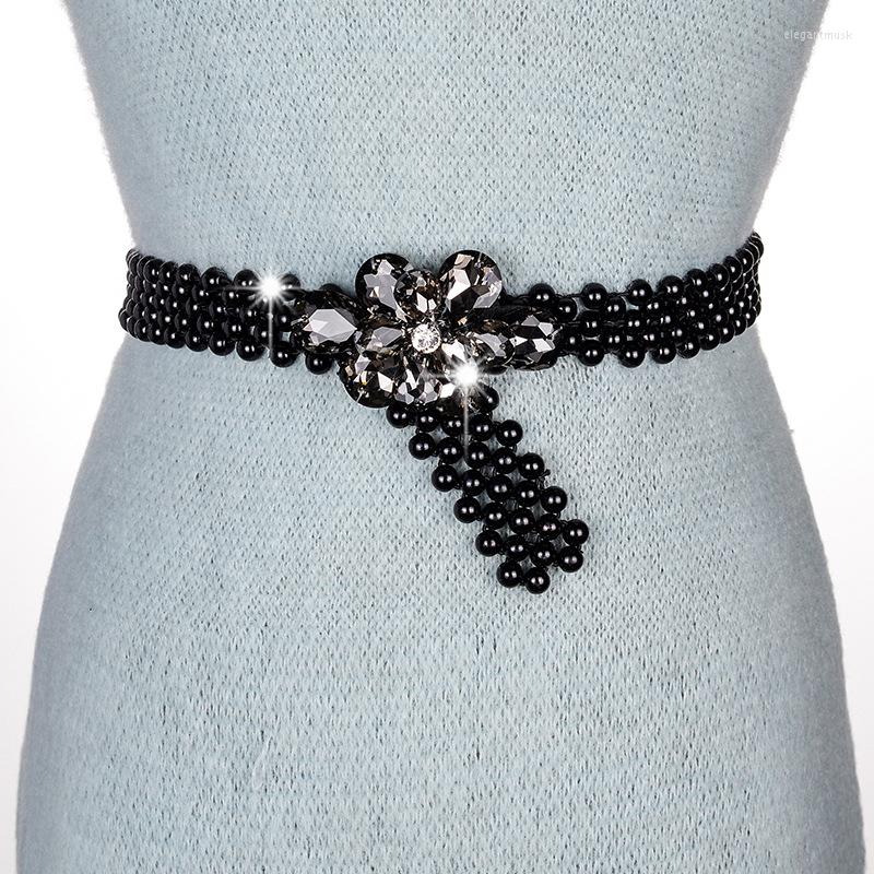 

Belts Women's Belt Elastic Waist Fashion Wild Imitation Pearl Korean Style Woven Petal Chain Decoration Dress QZ0026, White