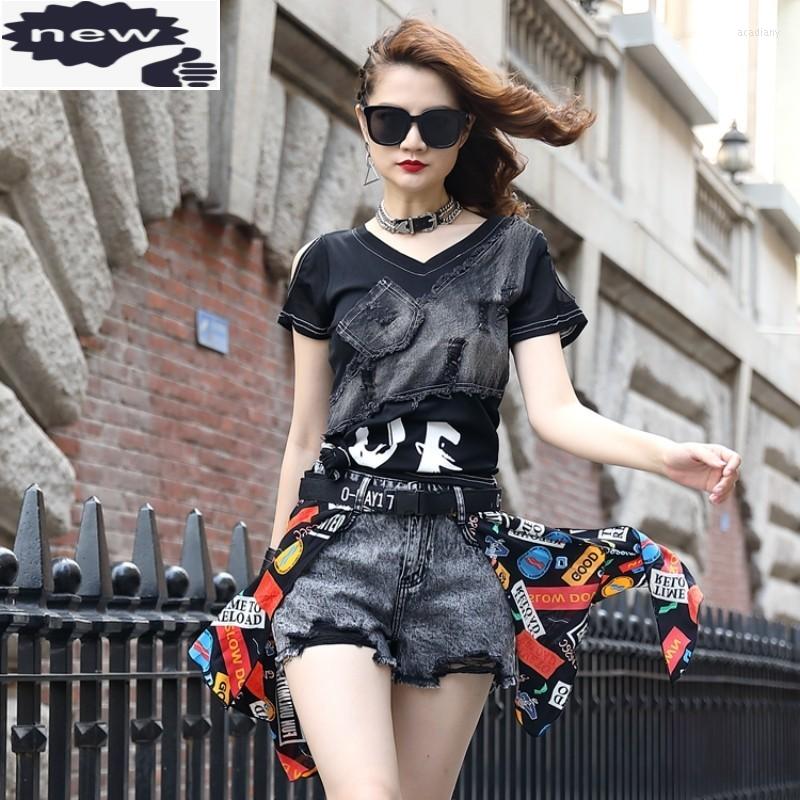 

Women' Tracksuits Women Mesh Patchwork Denim Off Shoulder Pullover T-Shirts Vintage Ripped Push Up Mini Jeans Shorts Summer Matching Set, Black