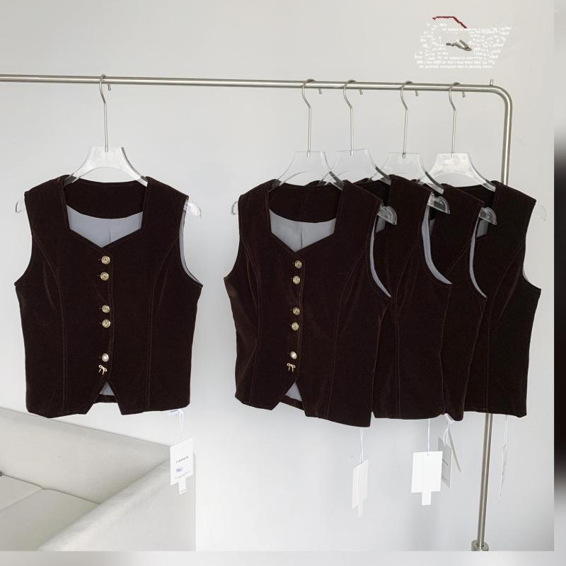 

Women' Vests Spring Autumn Retro Velvet Ol Short Vest Women V-neck Single Breasted Slim Waistcoat, Auburn