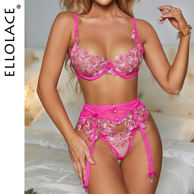 

Sexy Set Ellolace Fancy Pink Lingerie Floral Embroidery Sexy Thongs Garter Bra Suit 3Pieces Delicate Luxury Lace Beautiful Underwear 221010