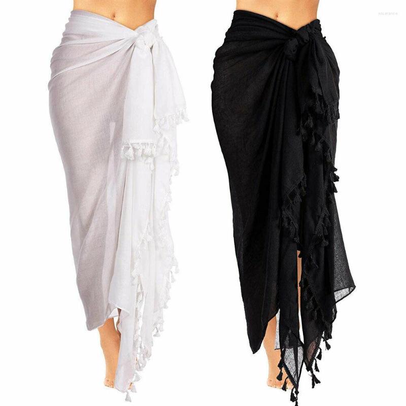 

Women's Swimwear Fashion Women Summer Bikini Tassels Bandage Cover Up Beach Maxi Long Wrap Skirt Sarong Dress Black And White