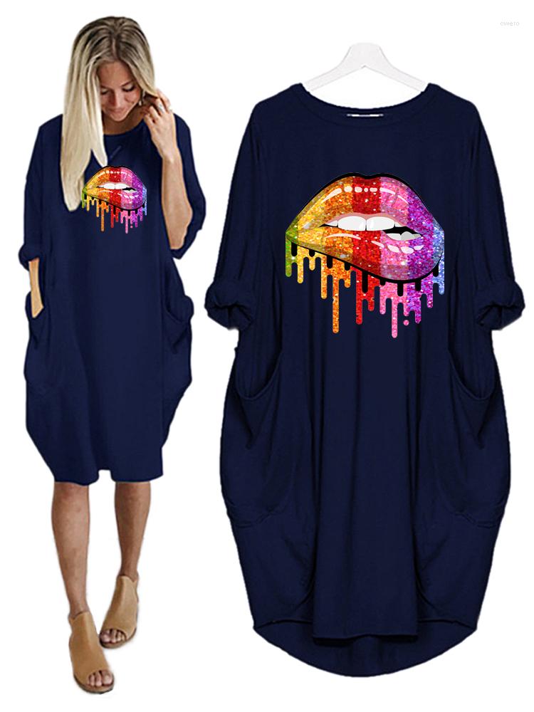 

Casual Dresses Loose Colorful Lips Vestido Midi Dress Pockets Autumn Clothes Women Robe Femme Vintage Party Sukienka Woman, D002 black