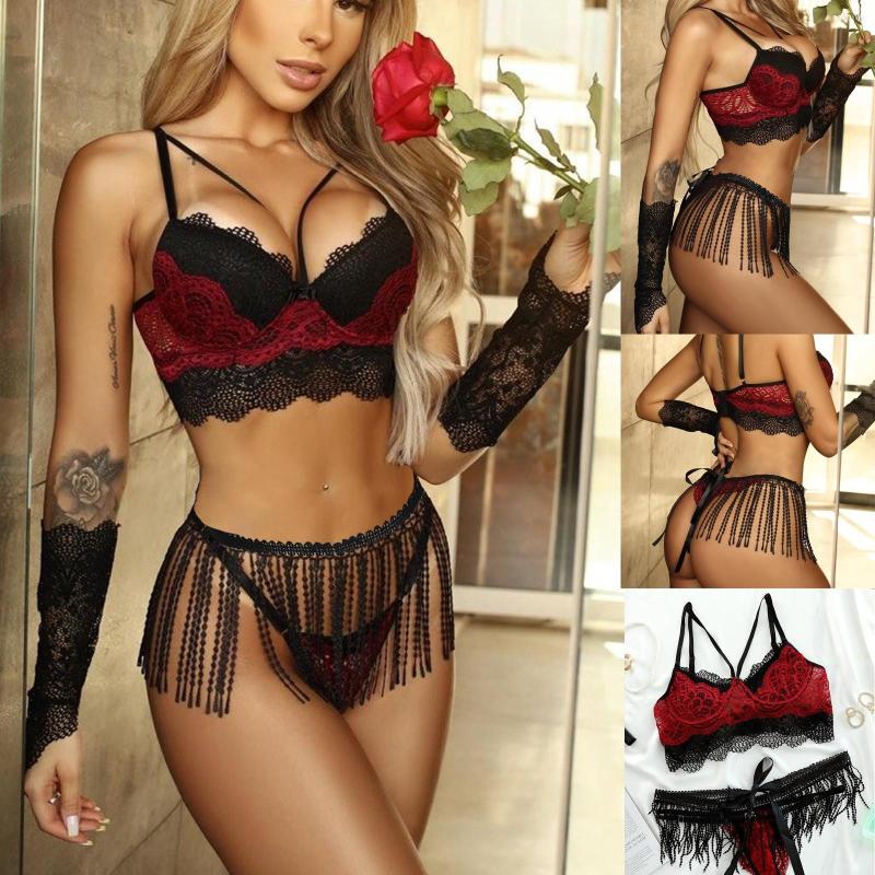

Bras Sets Women Sexy Lingerie Erotic Lace Crochet Color Block Set With Tassel Skirt & Gloves Costumes Plus Size, Black