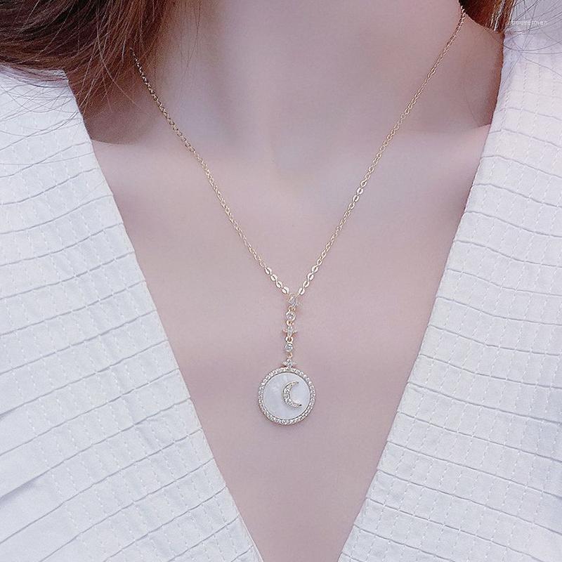 

Choker Chokers Simple EXquisite Moon Micro Inlaid CZ Necklace For Women Temperament Shell Clavical Chain Kolye Anniversary Jewelry