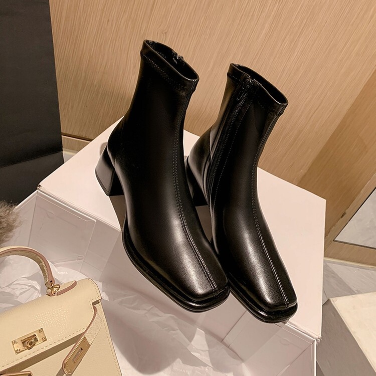 

2022 new women boots Square head zipper thick heel short boot 35-39 -8, Black