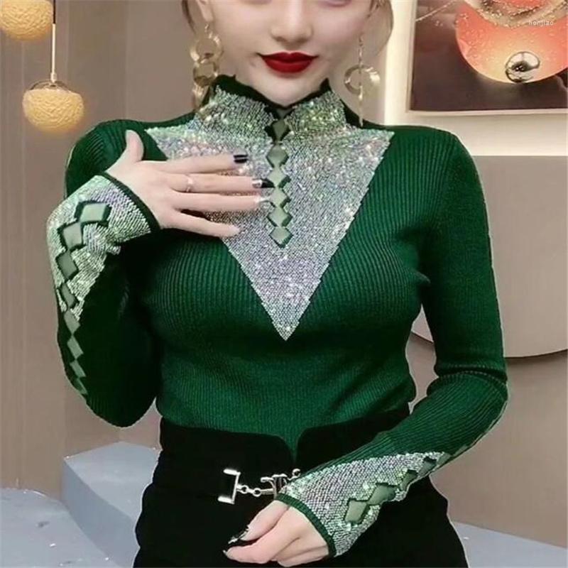 

Women's T Shirts Sexy Hollow Diamond T-shirt Women Spring Pullovers Top Half-turtleneck Long Sleeve Female Tee Drill OL Pit Bar Woman, Black