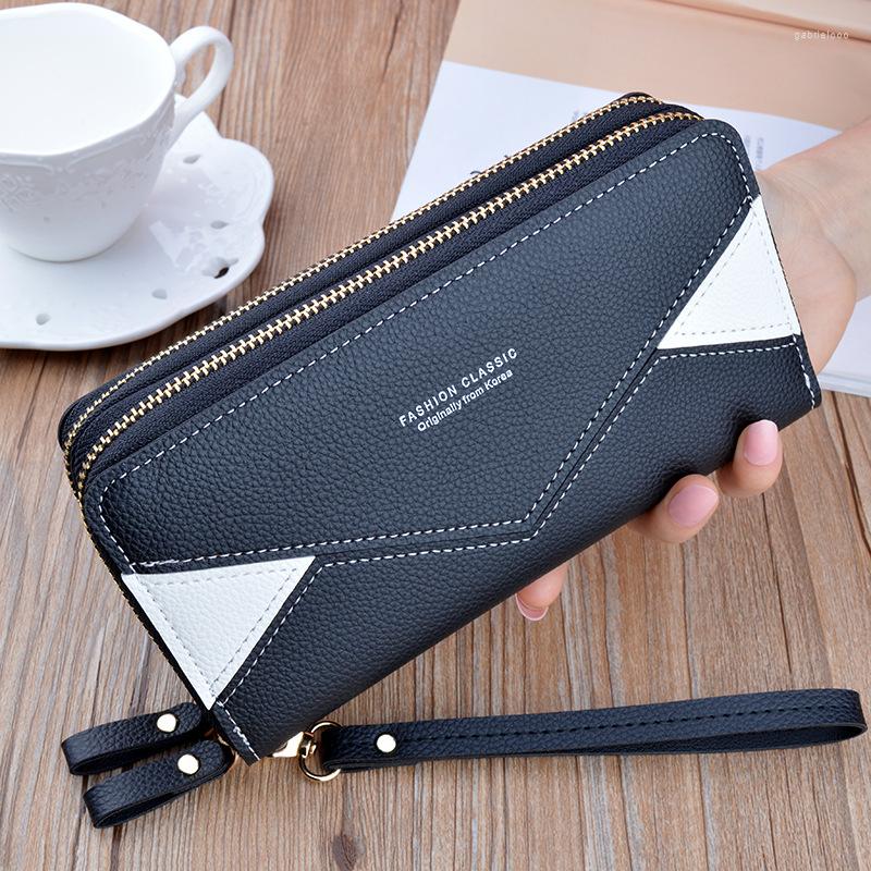 

Wallets Double Zipper Women's Wallet Long PU Leather Geometric Splicing Clutch Coin Purse Money Phone Pouch Female Holder, Blue