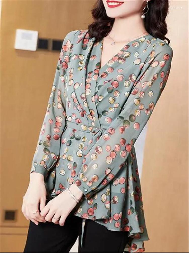 

Women's Blouses Fashion Printing Women's Shirt V-neck Lacing Pullover Thin Top Irregular Soft Woman Elegant Lady Casual, Light green