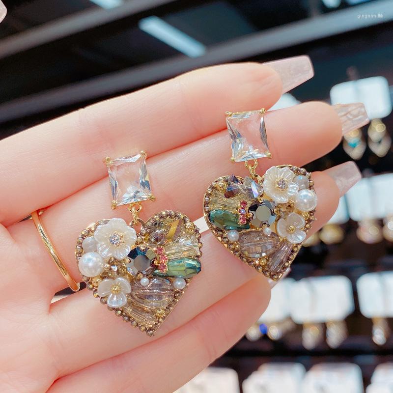 

Dangle Earrings Korean Vintage Handmade Square Crystal Peach Heart