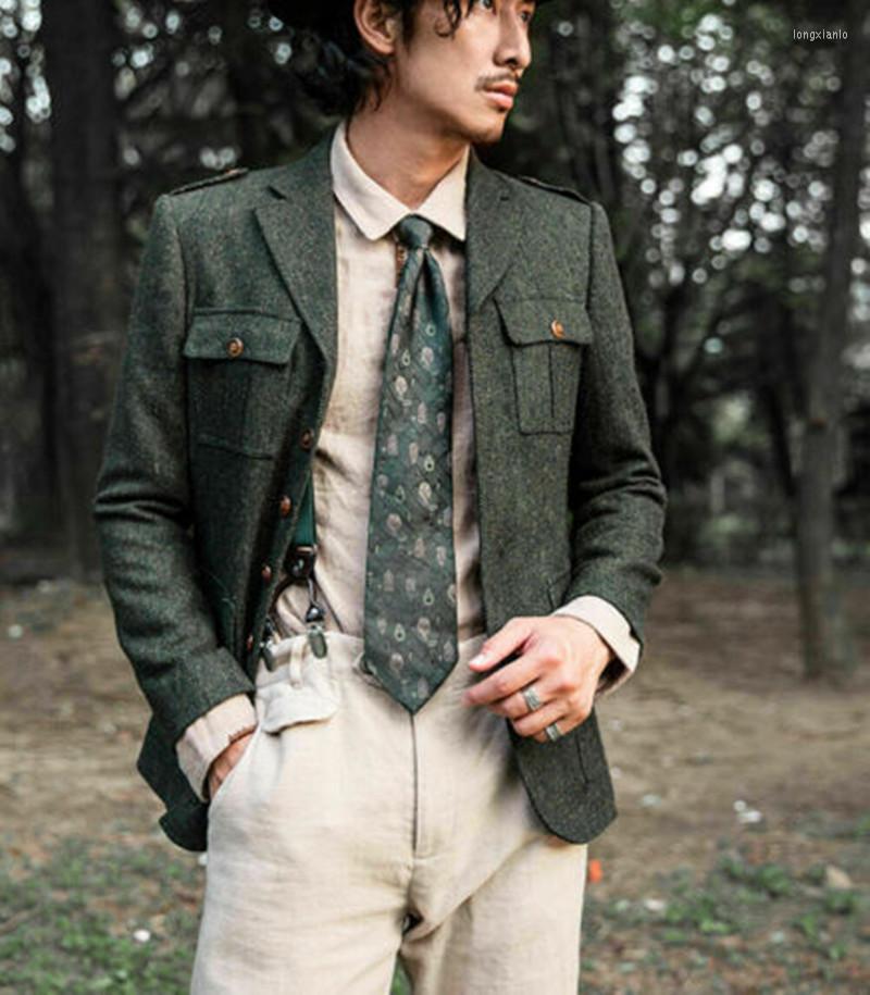 

Men's Suits Green Herringbone Wool Blend Men Tuxedos Sport Hunting Jacket Blazers Coat Tailored, Black