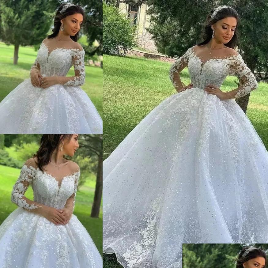 

Ball Gown Wedding Dresses Sparkly Lace Wedding Dresses Princess Ball Gown 2022 Beaded Flowers Illusion Bodice Long Sleev Bridegroomdh Dhcqz, White